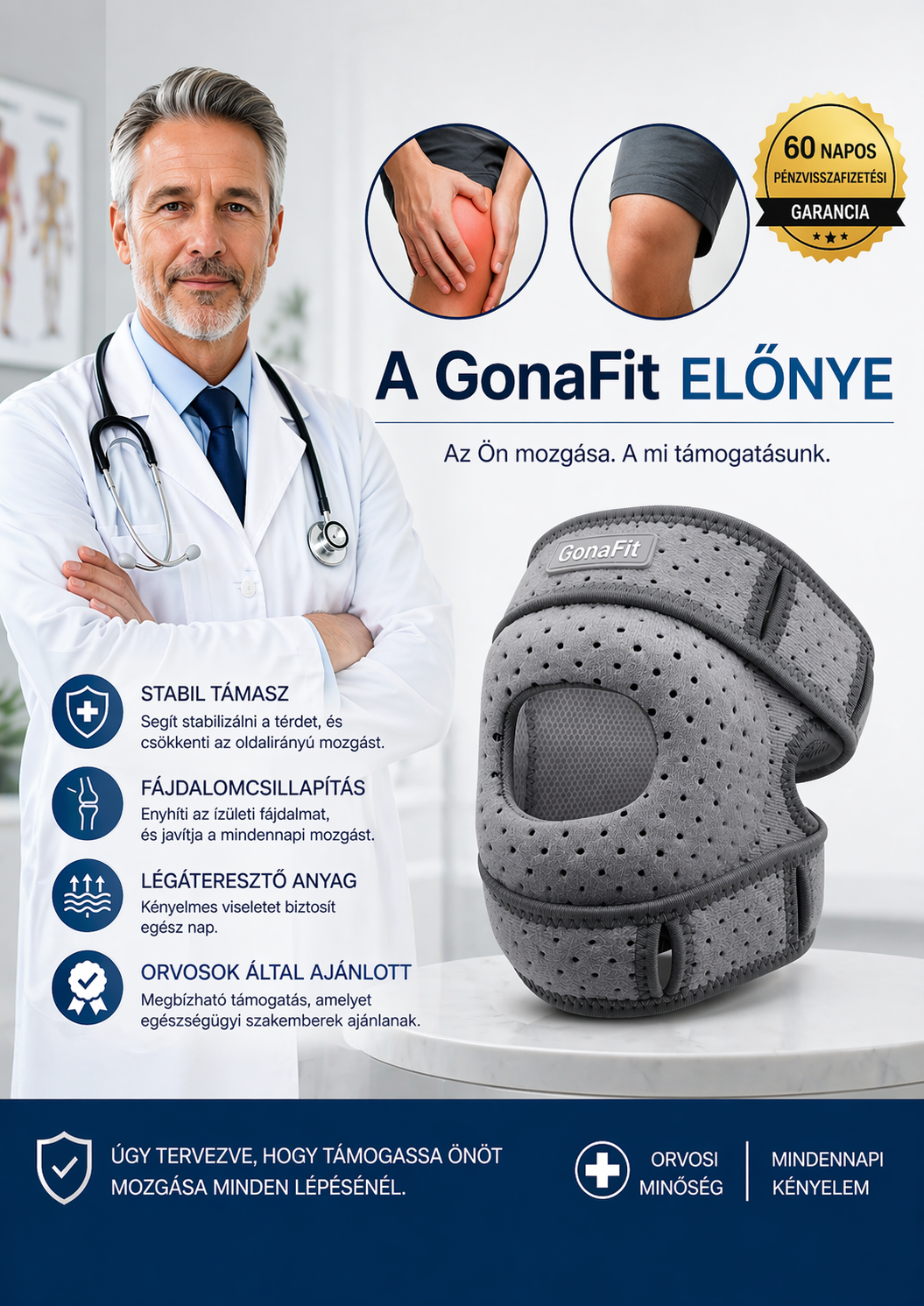 GonaFit térdrögzítő – azonnali fájdalomcsillapítás és teljes mozgástámogatás